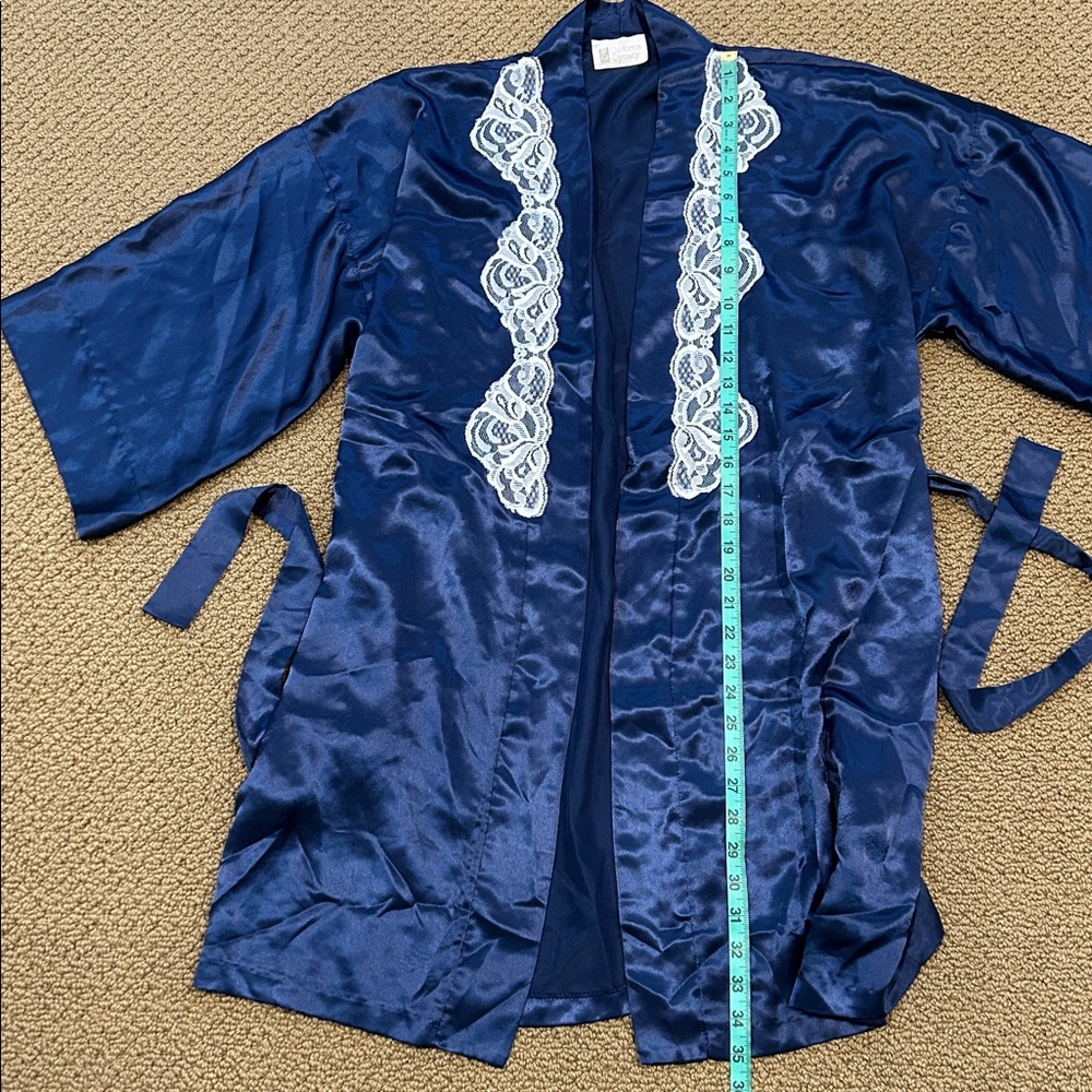 Vintage California Dynasty 2-pc Lingerie & Robe Set Large Navy Blue Lace Satin - Picture 14 of 17